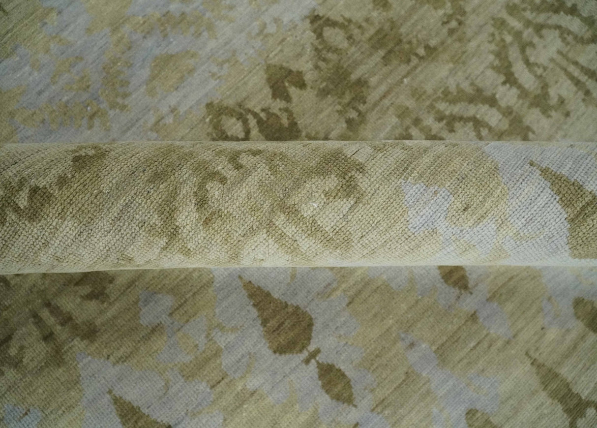Fine Green 8x10 Hand Knotted Beige, Olive and Silver Traditional Wool Rug