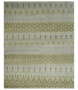 Fine Green 8x10 Hand Knotted Beige, Olive and Silver Traditional Wool Rug