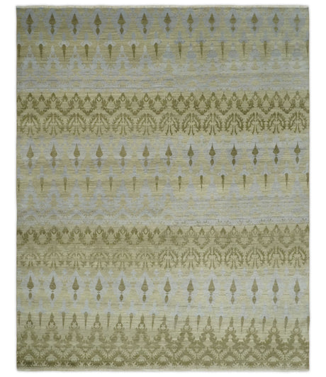 Fine Green 8x10 Hand Knotted Beige, Olive and Silver Traditional Wool Rug