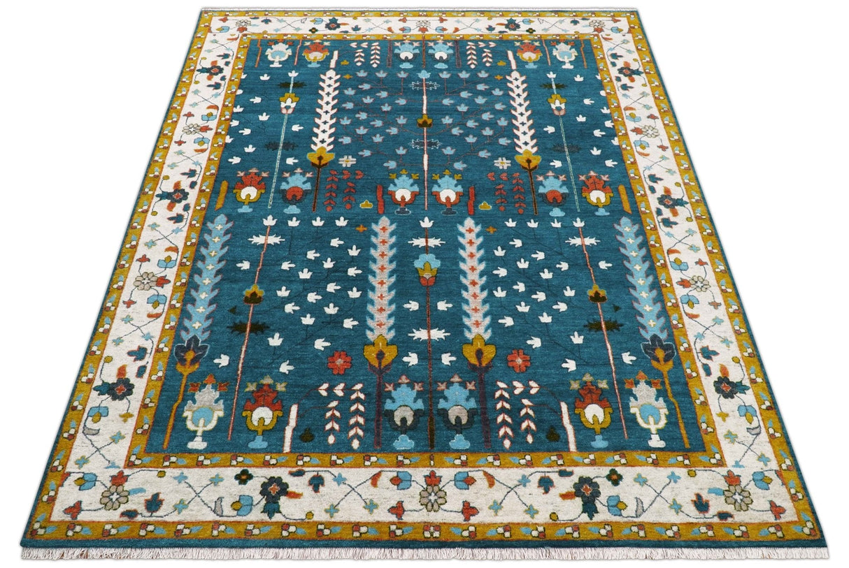 Fine Teal And Ivory Traditional Tree of life Hand Knotted Wool Rug