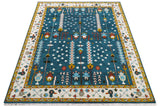 Fine Teal And Ivory Traditional Tree of life Hand Knotted Wool Rug