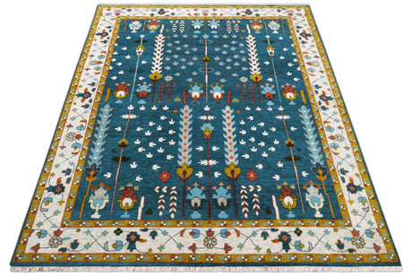 Fine Teal And Ivory Traditional Tree of life Hand Knotted Wool Rug