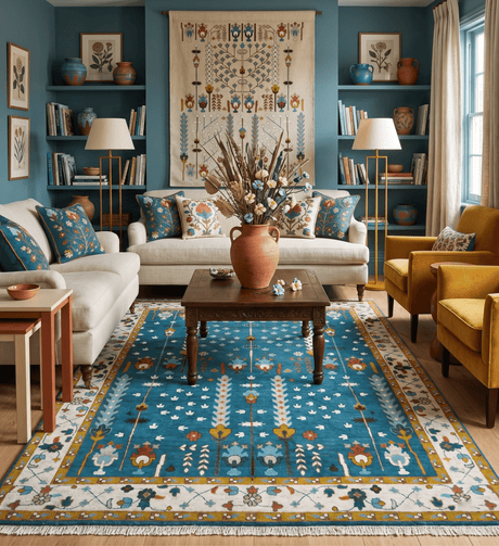 Fine Teal And Ivory Traditional Tree of life Hand Knotted Wool Rug