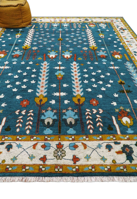Fine Teal And Ivory Traditional Tree of life Hand Knotted Wool Rug