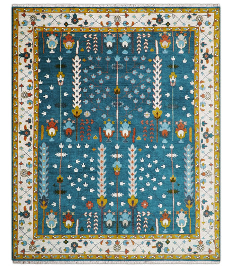 Fine Teal And Ivory Traditional Tree of life Hand Knotted Wool Rug