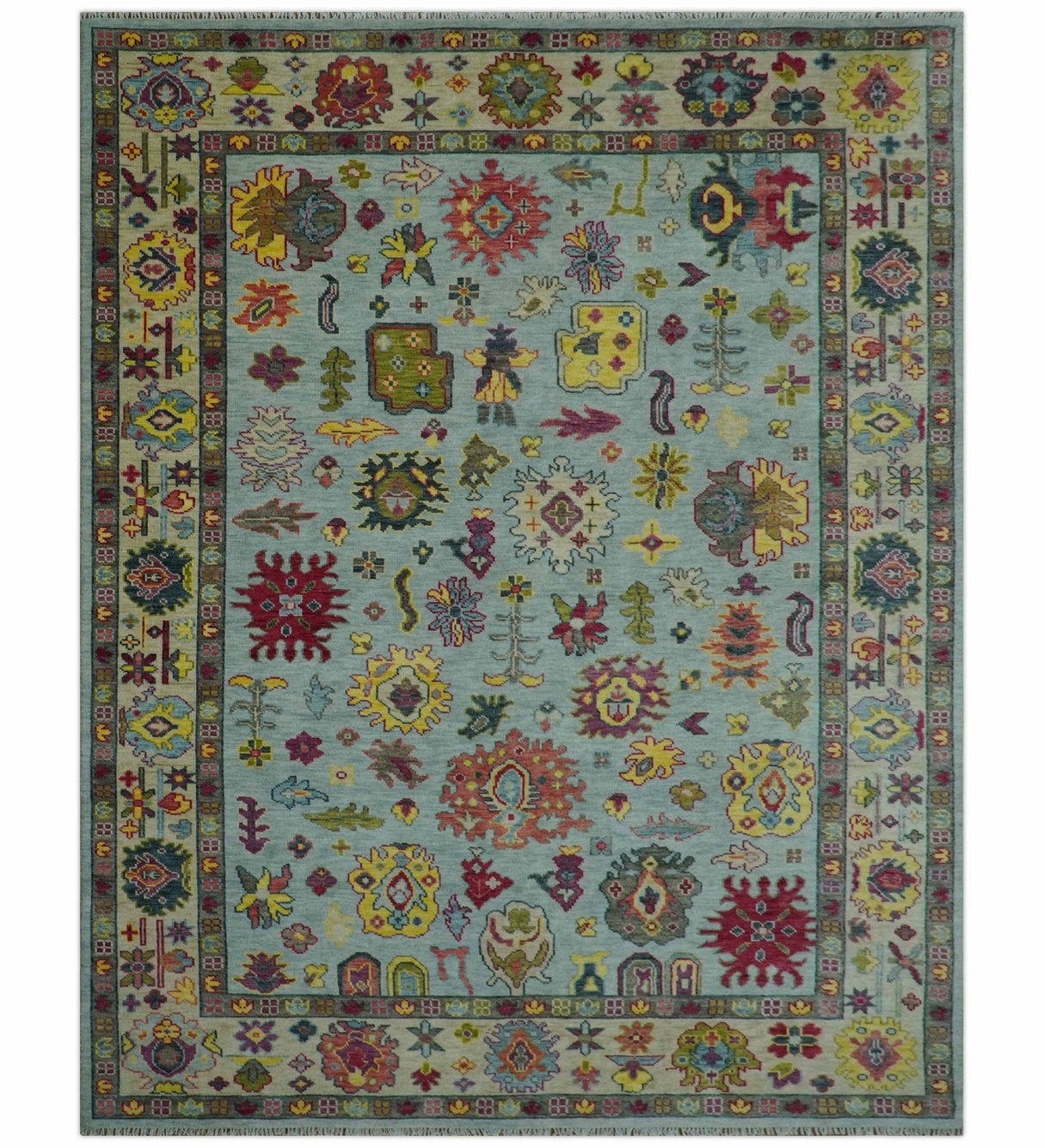 Fine Traditional Ivory and Blue Colorful Hand knotted Oushak Wool Area Rug