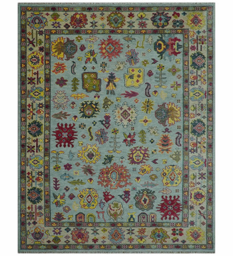 Fine Traditional Ivory and Blue Colorful Hand knotted Oushak Wool Area Rug