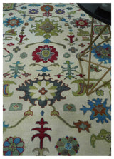 Fine Traditional Ivory and Blue Colorful Hand knotted Oushak Wool Area Rug
