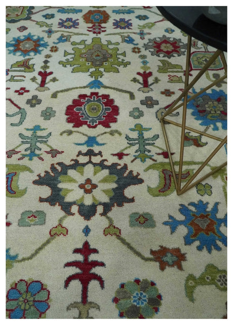 Fine Traditional Ivory and Blue Colorful Hand knotted Oushak Wool Area Rug