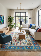 Fine Traditional Ivory and Blue Colorful Hand knotted Oushak Wool Area Rug