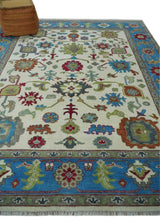 Fine Traditional Ivory and Blue Colorful Hand knotted Oushak Wool Area Rug