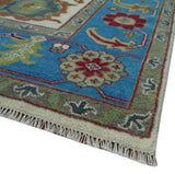 Fine Traditional Ivory and Blue Colorful Hand knotted Oushak Wool Area Rug