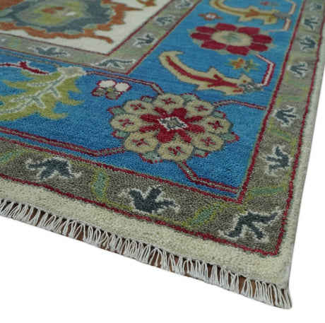 Fine Traditional Ivory and Blue Colorful Hand knotted Oushak Wool Area Rug