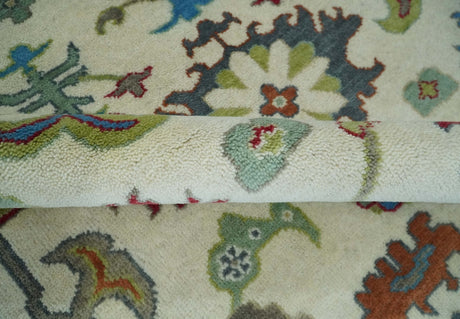 Fine Traditional Ivory and Blue Colorful Hand knotted Oushak Wool Area Rug