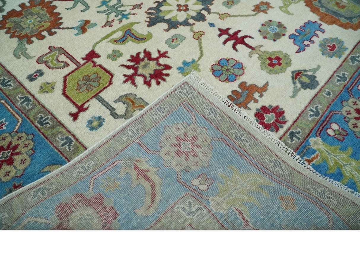 Fine Traditional Ivory and Blue Colorful Hand knotted Oushak Wool Area Rug