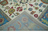 Fine Traditional Ivory and Blue Colorful Hand knotted Oushak Wool Area Rug