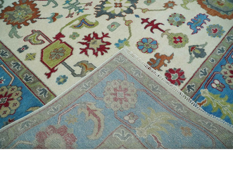 Fine Traditional Ivory and Blue Colorful Hand knotted Oushak Wool Area Rug