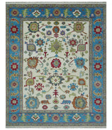 Fine Traditional Ivory and Blue Colorful Hand knotted Oushak Wool Area Rug