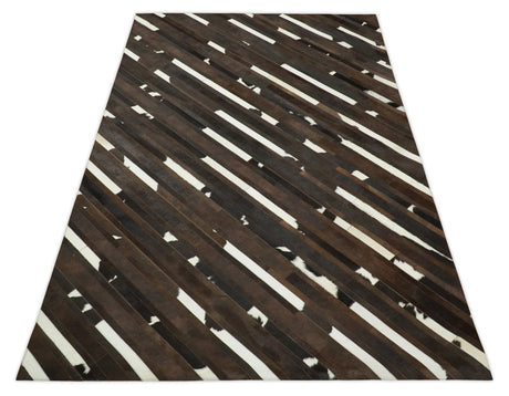 Flatweave Hairon Genuine Leather 5x8, 8x10 and 9x12 Brown Tan and Ivory Area Rug