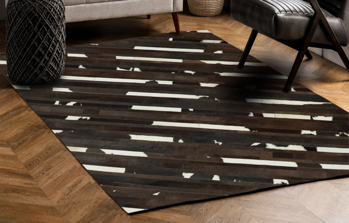 Flatweave Hairon Genuine Leather 5x8, 8x10 and 9x12 Brown Tan and Ivory Area Rug