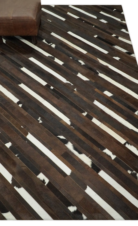 Flatweave Hairon Genuine Leather 5x8, 8x10 and 9x12 Brown Tan and Ivory Area Rug