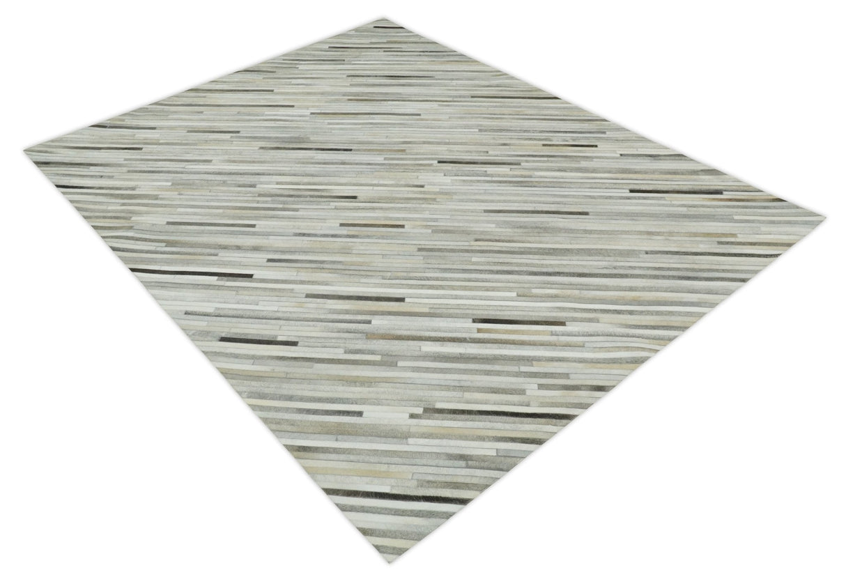 Flatweave Hairon Genuine Leather Stripe Design Beige and Ivory Area Rug
