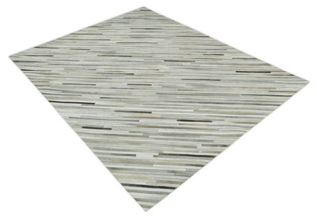 Flatweave Hairon Genuine Leather Stripe Design Beige and Ivory Area Rug
