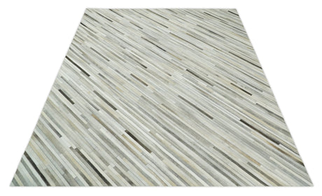 Flatweave Hairon Genuine Leather Stripe Design Beige and Ivory Area Rug