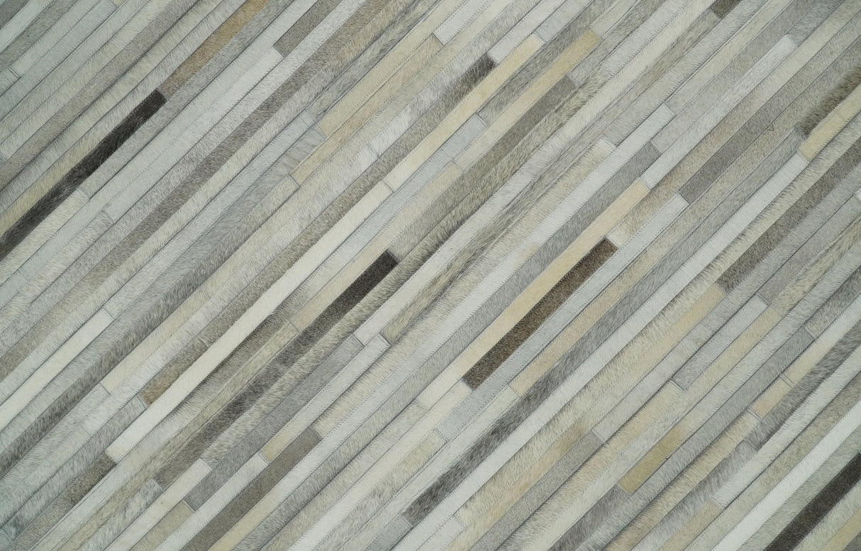 Flatweave Hairon Genuine Leather Stripe Design Beige and Ivory Area Rug