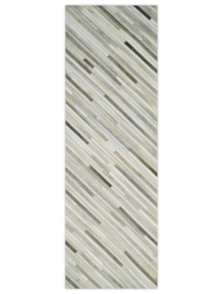 Flatweave Hairon Genuine Leather Stripe Design Beige and Ivory Area Rug
