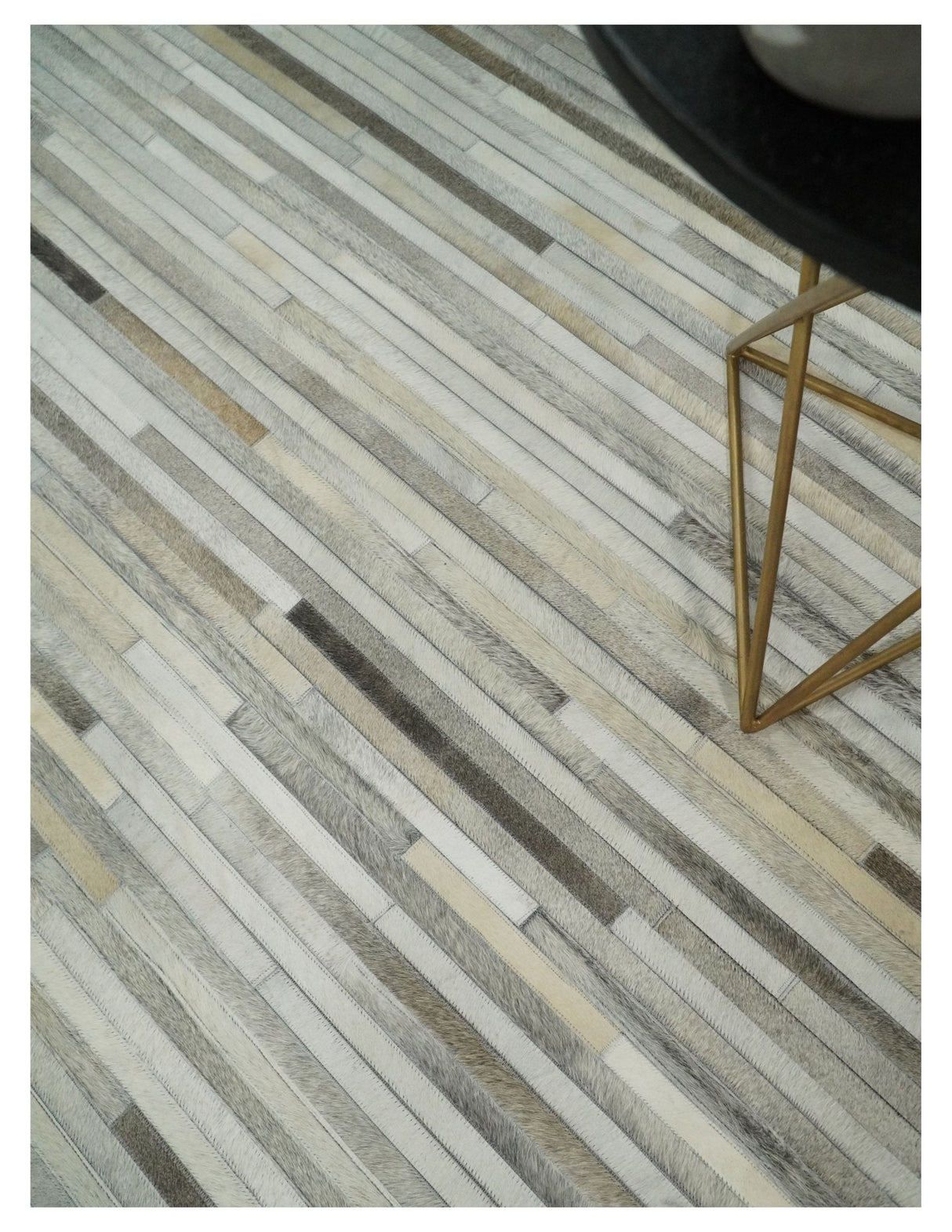 Flatweave Hairon Genuine Leather Stripe Design Beige and Ivory Area Rug