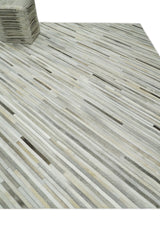 Flatweave Hairon Genuine Leather Stripe Design Beige and Ivory Area Rug