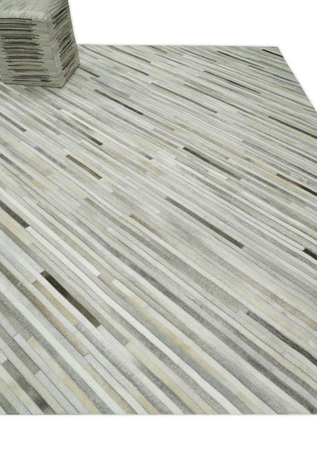 Flatweave Hairon Genuine Leather Stripe Design Beige and Ivory Area Rug
