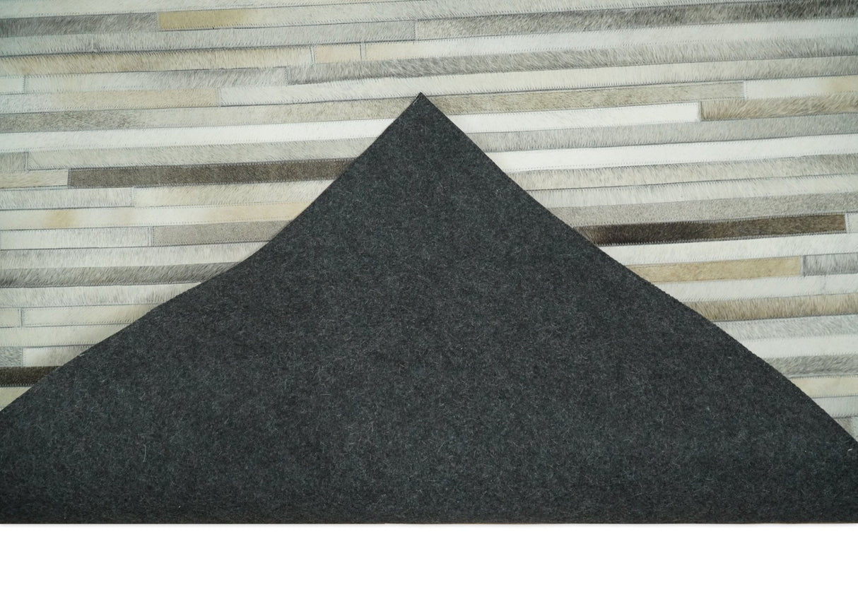 Flatweave Hairon Genuine Leather Stripe Design Beige and Ivory Area Rug