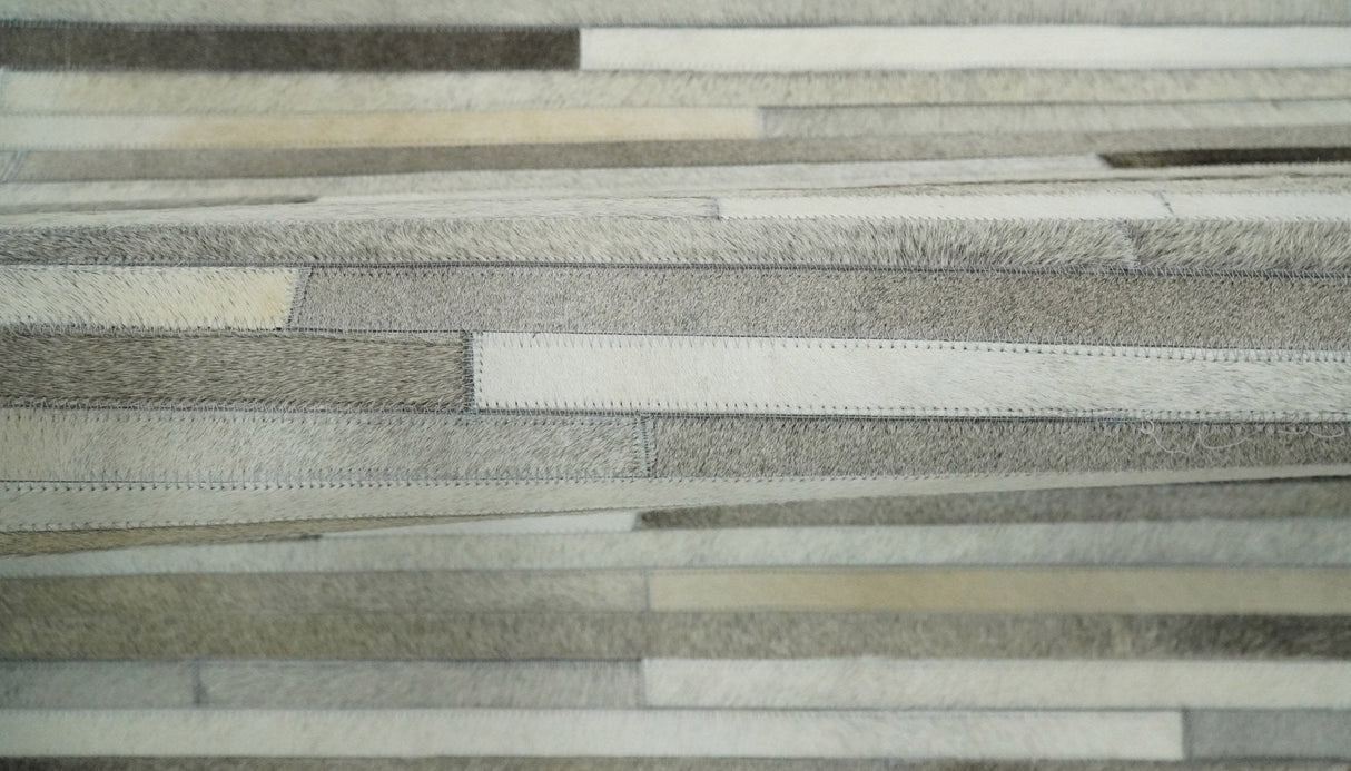 Flatweave Hairon Genuine Leather Stripe Design Beige and Ivory Area Rug