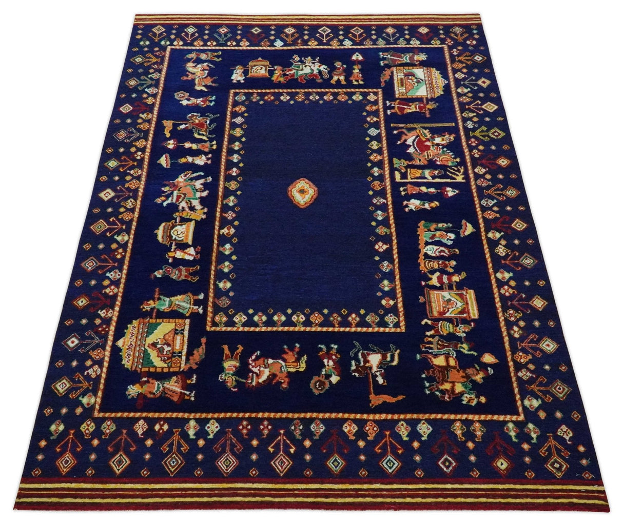 Flatwoven 5x7 Traditional Navy Blue Hand Woven Wool Rug