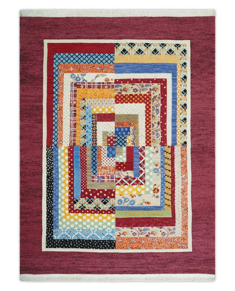 Flatwoven Artistic Modern Geometric 5x7 Multicolor Wool Hand Made Soumak Rug | KNT52-Area Rug-Parc Decor