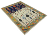 Flatwoven Weave 5x7 Beige and Blue Tribal Wool Hand Woven Southwestern Gabbeh Rug