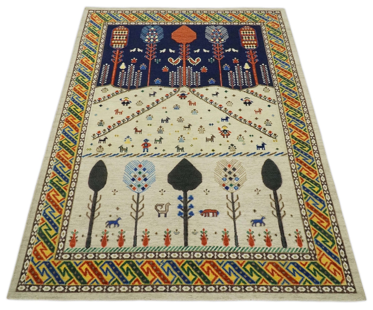 Flatwoven Weave 5x7 Beige and Blue Tribal Wool Hand Woven Southwestern Gabbeh Rug