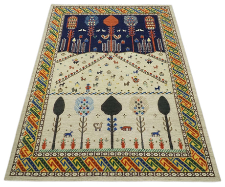 Flatwoven Weave 5x7 Beige and Blue Tribal Wool Hand Woven Southwestern Gabbeh Rug