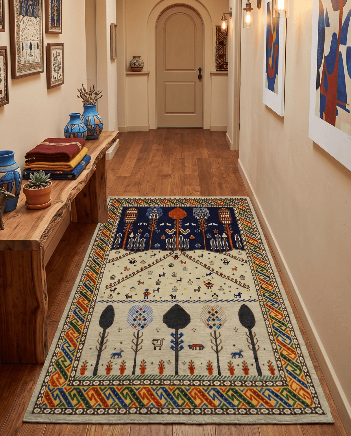 Flatwoven Weave 5x7 Beige and Blue Tribal Wool Hand Woven Southwestern Gabbeh Rug