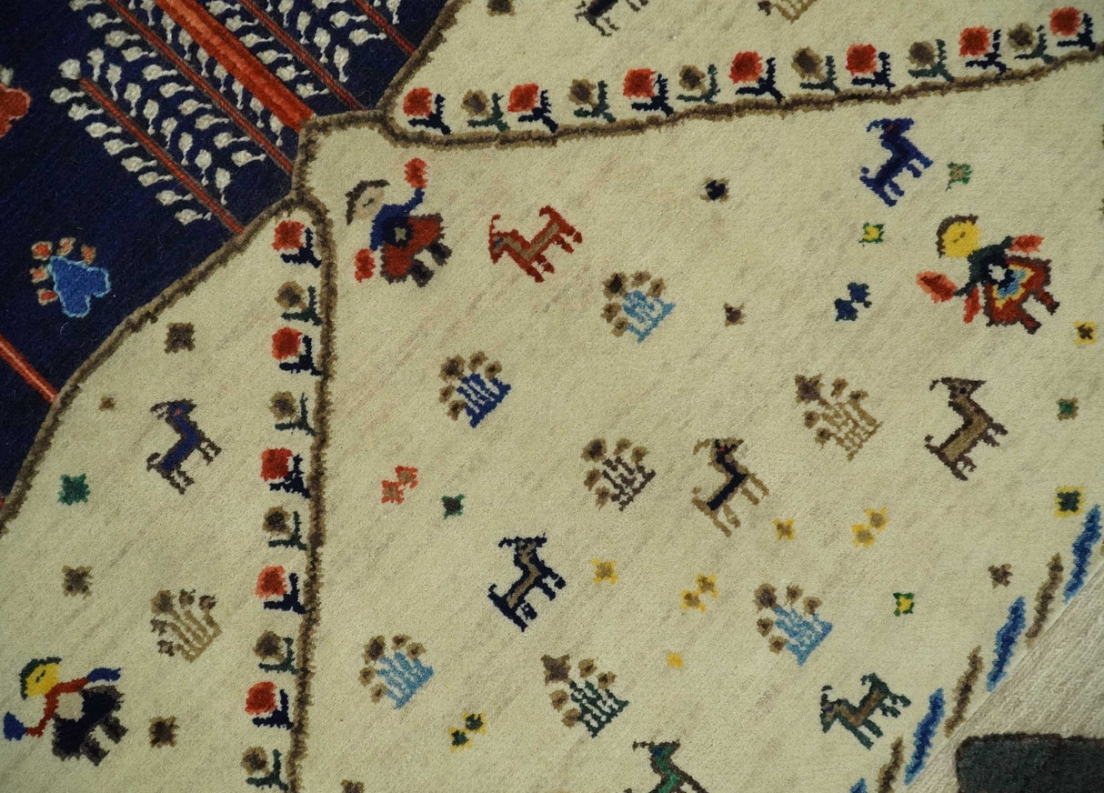 Flatwoven Weave 5x7 Beige and Blue Tribal Wool Hand Woven Southwestern Gabbeh Rug