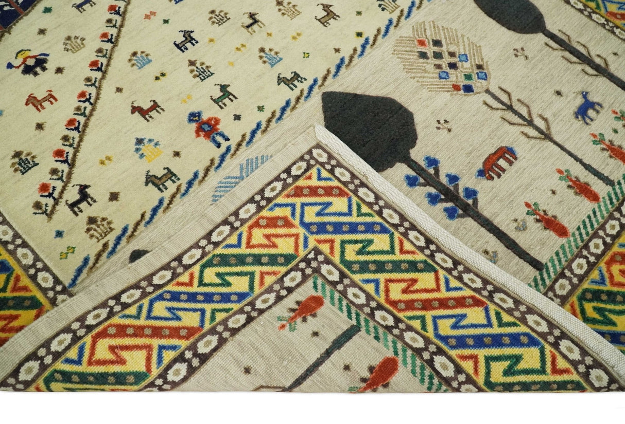 Flatwoven Weave 5x7 Beige and Blue Tribal Wool Hand Woven Southwestern Gabbeh Rug
