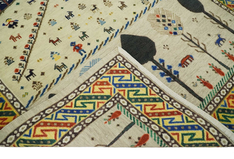 Flatwoven Weave 5x7 Beige and Blue Tribal Wool Hand Woven Southwestern Gabbeh Rug