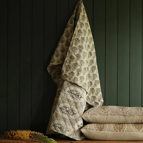 Fleur Linen & Cotton Block Print Quilted Coverlet-Quilts and Throws-Parc Decor