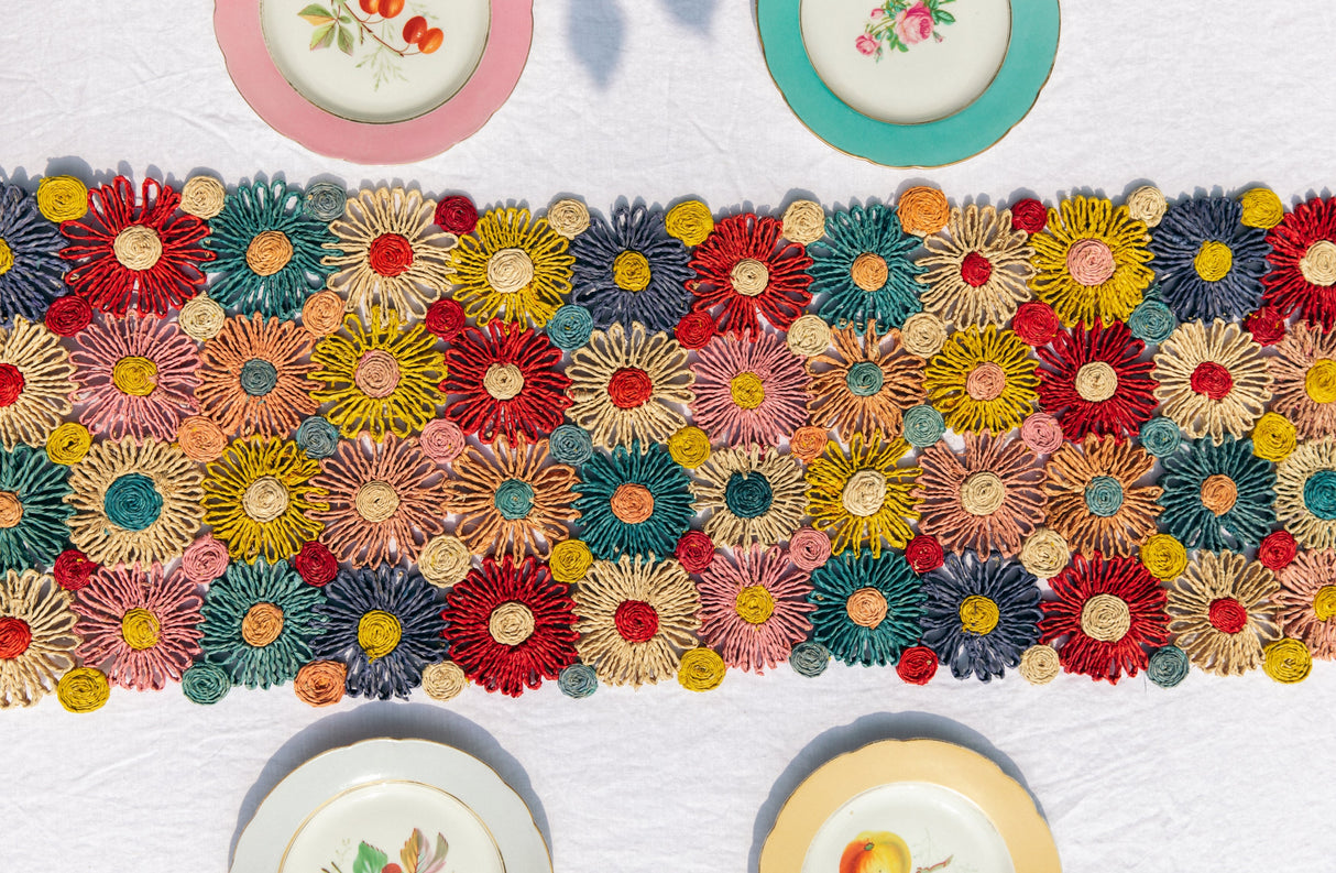 Fleur Raffia Flower Table Runner, Multicolor Flowers Woven Tabletop-tabletop-Parc Decor