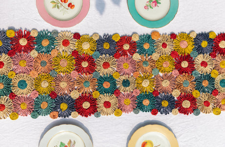 Fleur Raffia Flower Table Runner, Multicolor Flowers Woven Tabletop-tabletop-Parc Decor