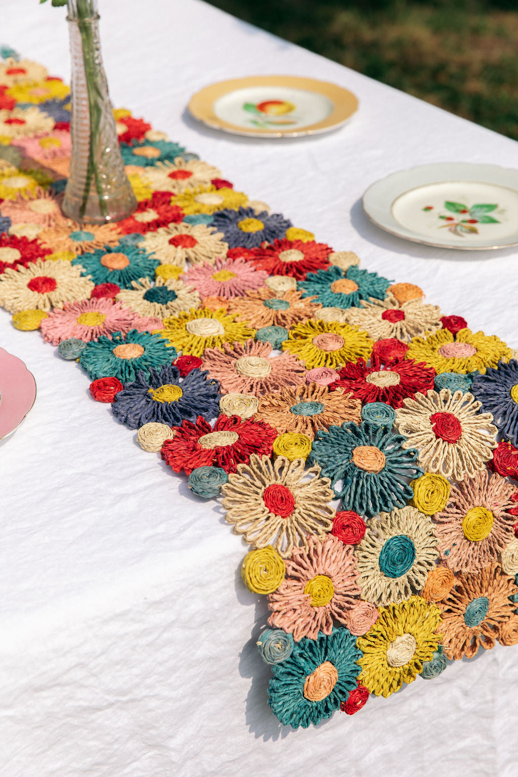 Fleur Raffia Flower Table Runner, Multicolor Flowers Woven Tabletop-tabletop-Parc Decor