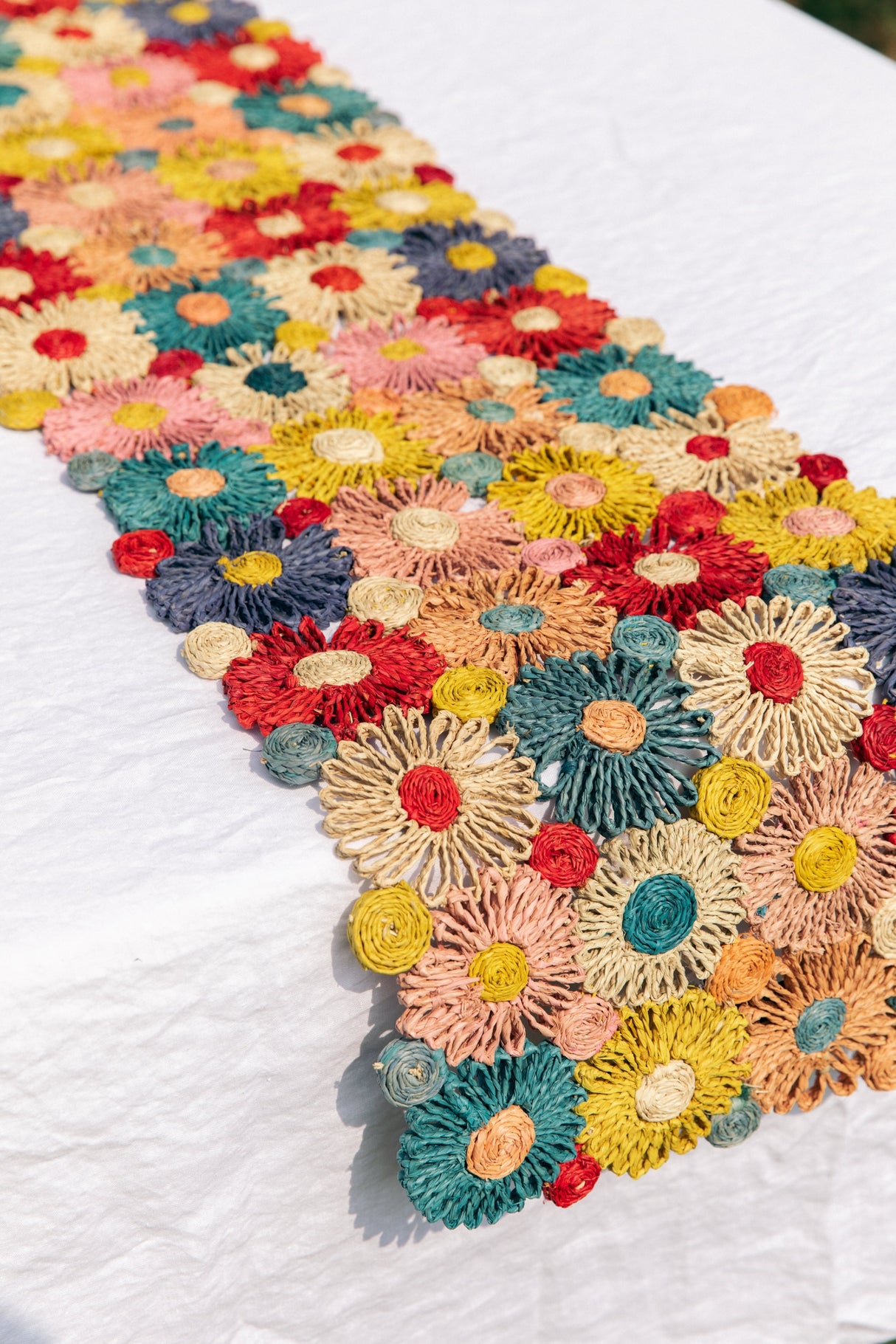 Fleur Raffia Flower Table Runner, Multicolor Flowers Woven Tabletop-tabletop-Parc Decor