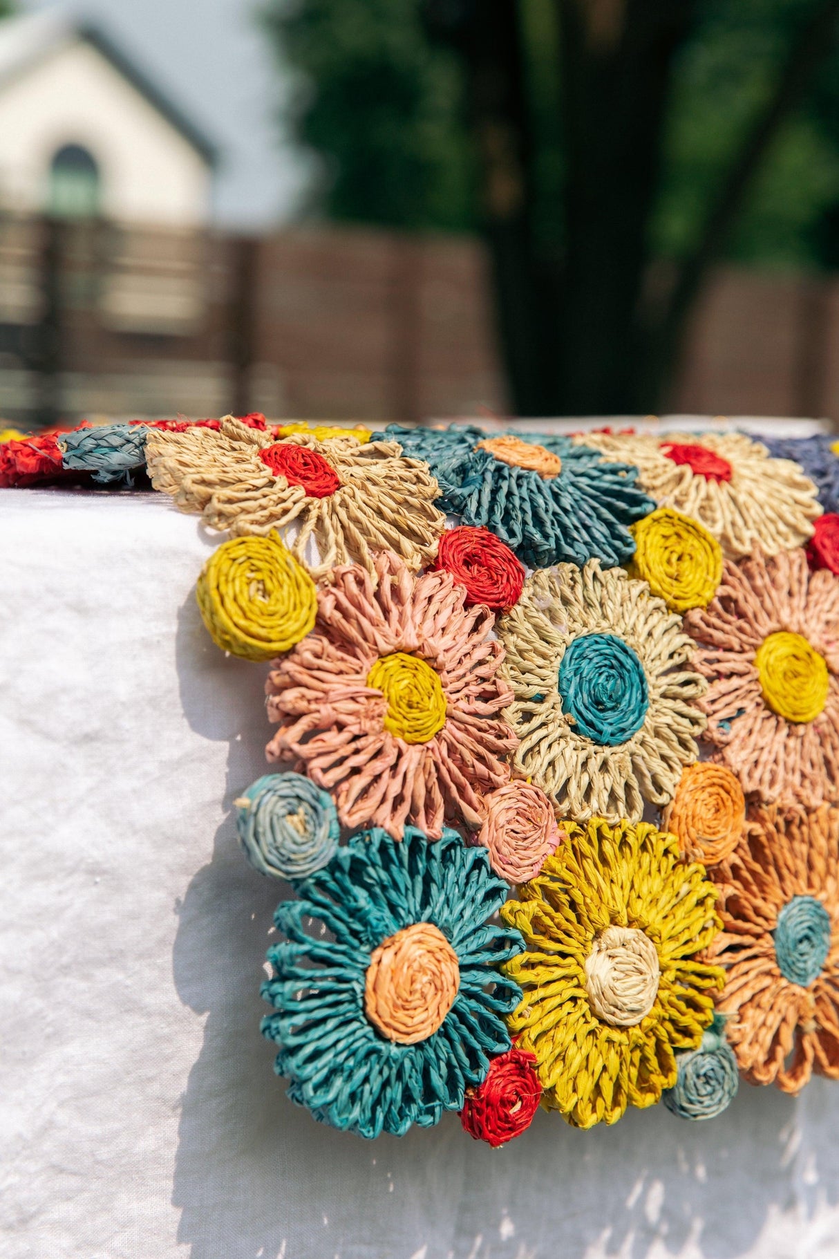 Fleur Raffia Flower Table Runner, Multicolor Flowers Woven Tabletop-tabletop-Parc Decor